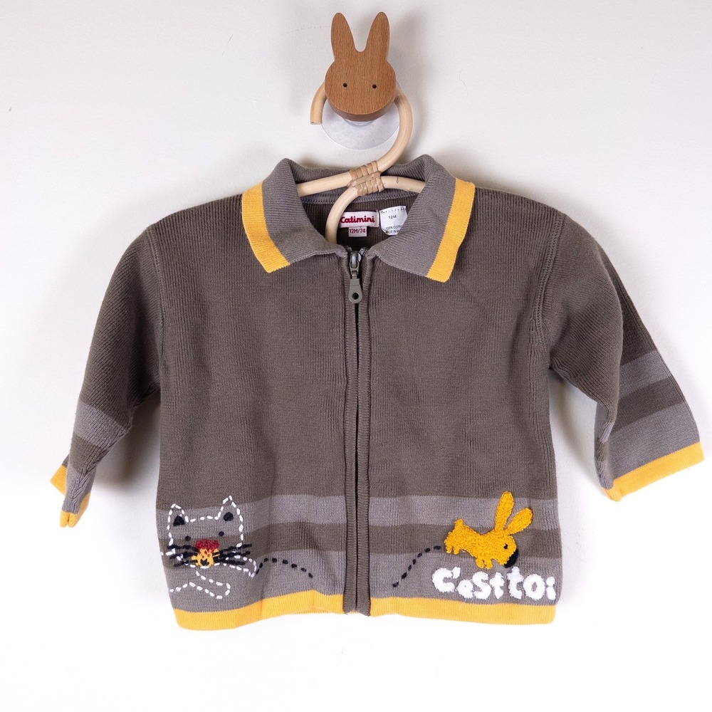 Catimini Zip Cardigan Kids 12M Gray Yellow Cat Bunny Embroidered Sweater
